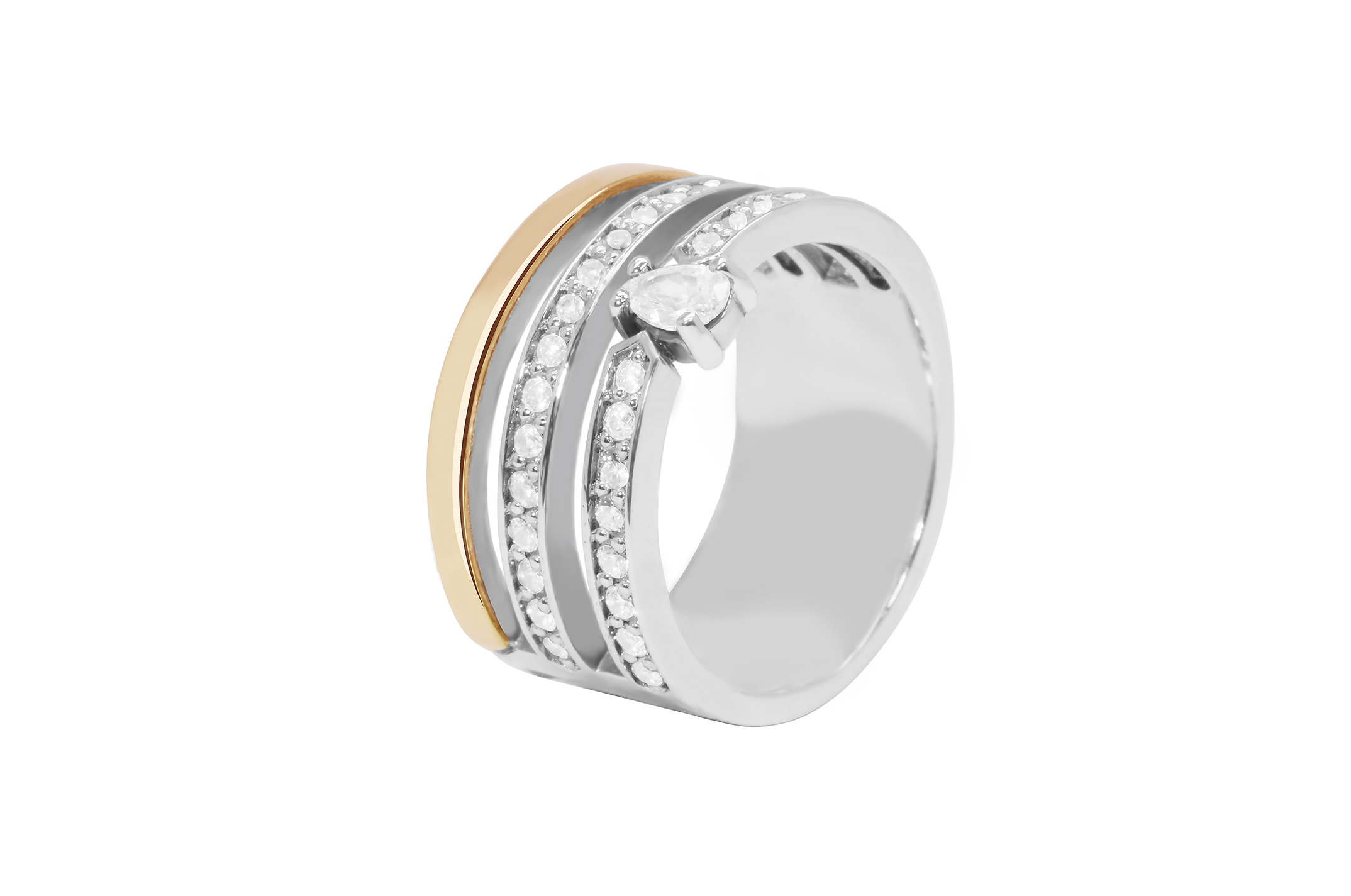 Joia: anel; Material: prata 925 e ouro 9 kt;Peso: 8.5 gr (prata) e 0.8 gr (ouro);Pedras: zirconias;Cor: bicolor;Tamanho: 12;Género: mulher