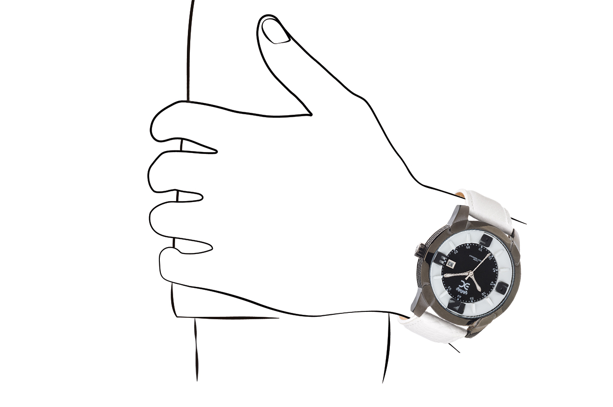 Joia: relógio;Mecanismo: analógico;Tipo fecho: fivela;Material relógio: aço; Material bracelete: pele;Diâmetro: 44 mm;Largura bracelete: 20 mm;Cor caixa: ródio negro;Cor mostrador: preto e branco;Cor bracelete: branco;Género: homem
