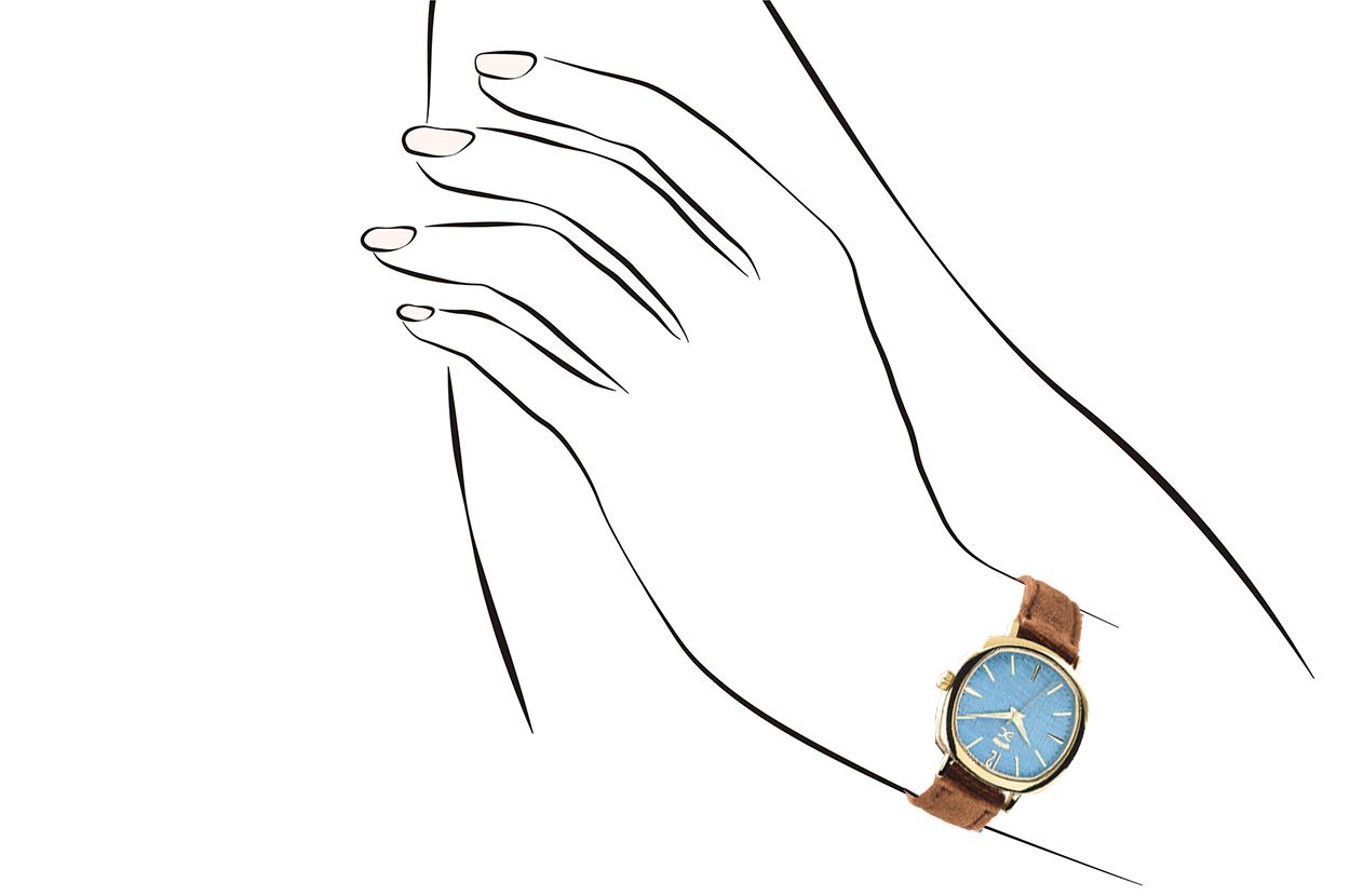 Joia: relógio;Mecanismo: analógico;Tipo fecho: fivela;Material relógio: aço;Material bracelete: veludo;Diâmetro: 34 mm;Largura bracelete: 15 mm;Cor caixa: dourado;Cor mostrador: azul;Cor bracelete: castanho;Género: mulher