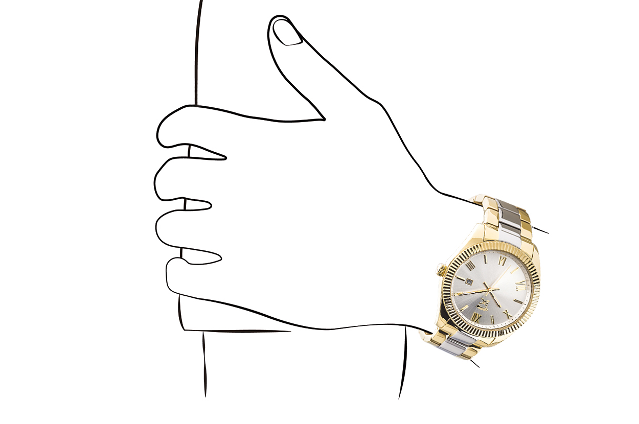 Joia: relógio;Mecanismo: analógico;Tipo fecho: báscula;Material relógio: aço;Material bracelete: aço;Diâmetro: 40 mm;Largura bracelete: 18 mm;Cor caixa: dourado;Cor mostrador: prateado;Cor bracelete: dourado;Género: homem