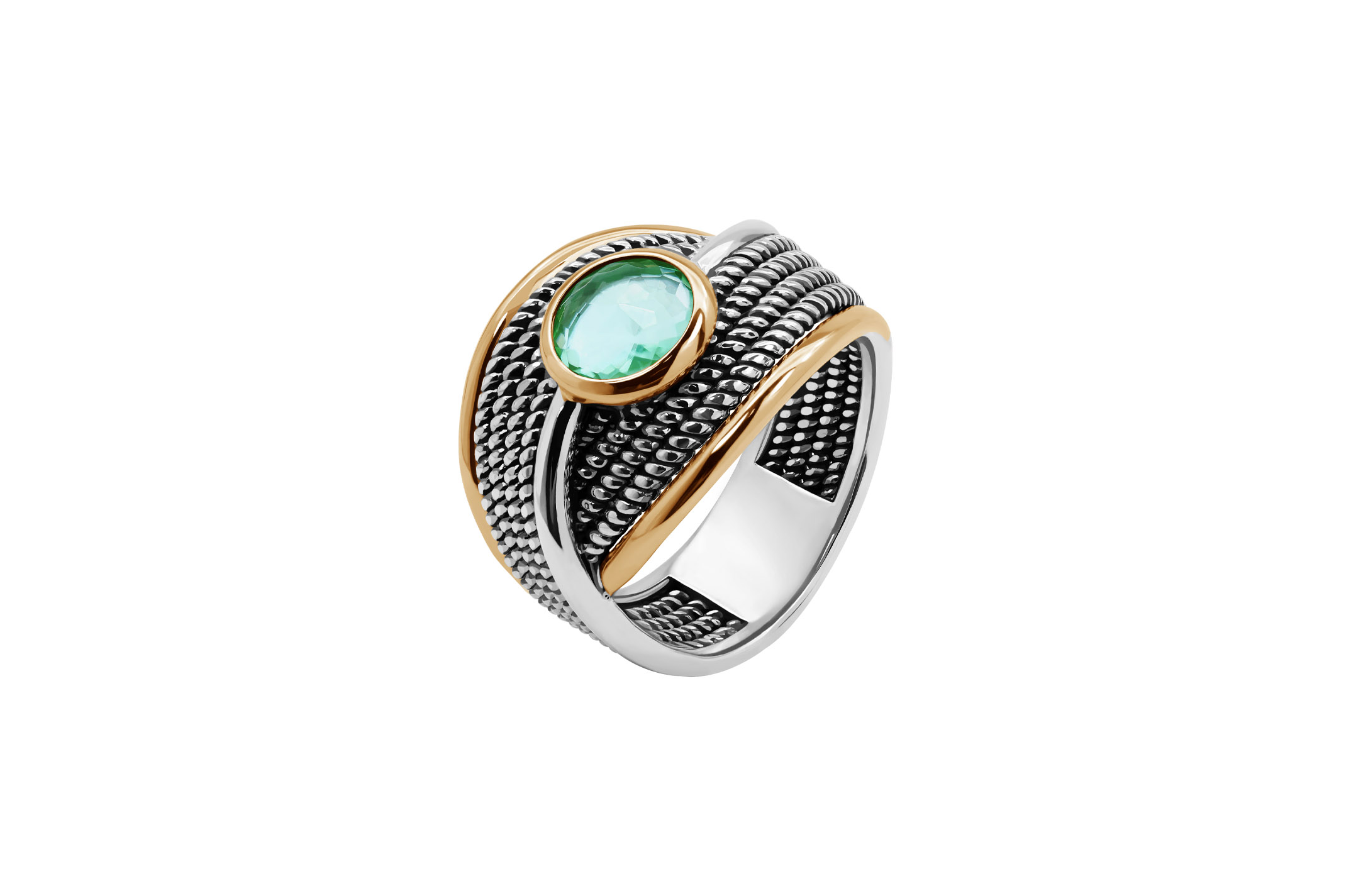 Jewel: ring;Material: 925 silver and 9K gold;Weight: 10.4 gr (silver) and 1.2 gr (gold);Stone: zirconias;Color: white and yellow;Gender: woman