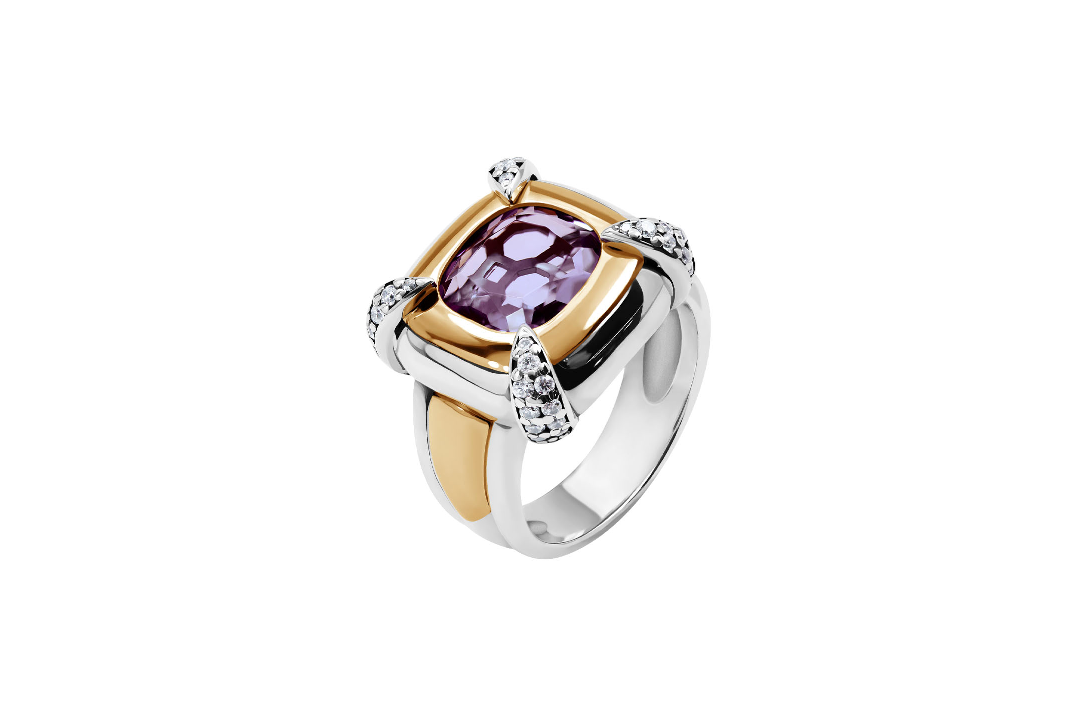 Jewel: ring;Material: 925 silver and 9K gold;Weight: 10.5 gr (silver) and 1.2 gr (gold);Stone: zirconias;Color: white and yellow;Gender: woman
