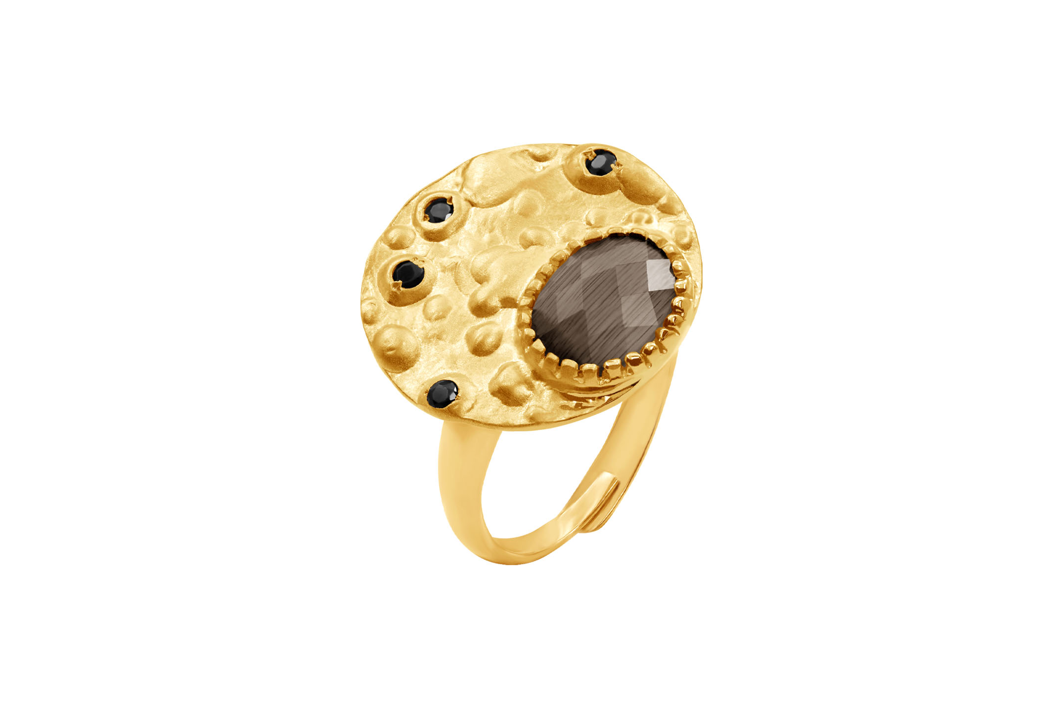 Joia: anel;Material: prata 925;Peso: 4.3 gr;Pedras: zircónias;Cor: amarelo;Medida: ajustável;Género: mulher