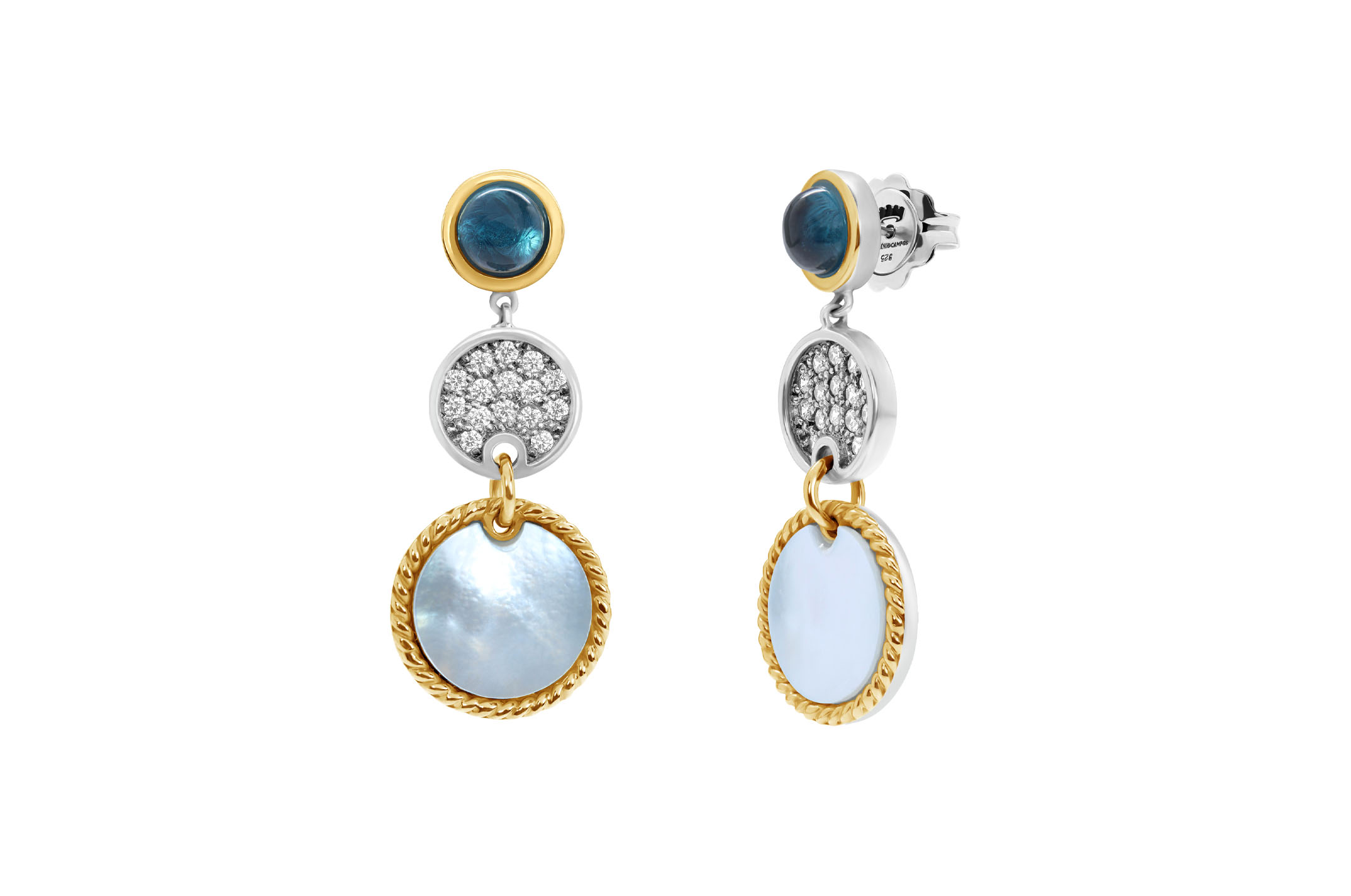 Jewel: earrings;Material: 925 silver and 9K gold;Weight: 8.5 gr (silver) and 1.9 gr (gold);Stones: zirconias & mother-of-pearl;Color: white and yellow;Size: 3.5 cm;Gender: woman