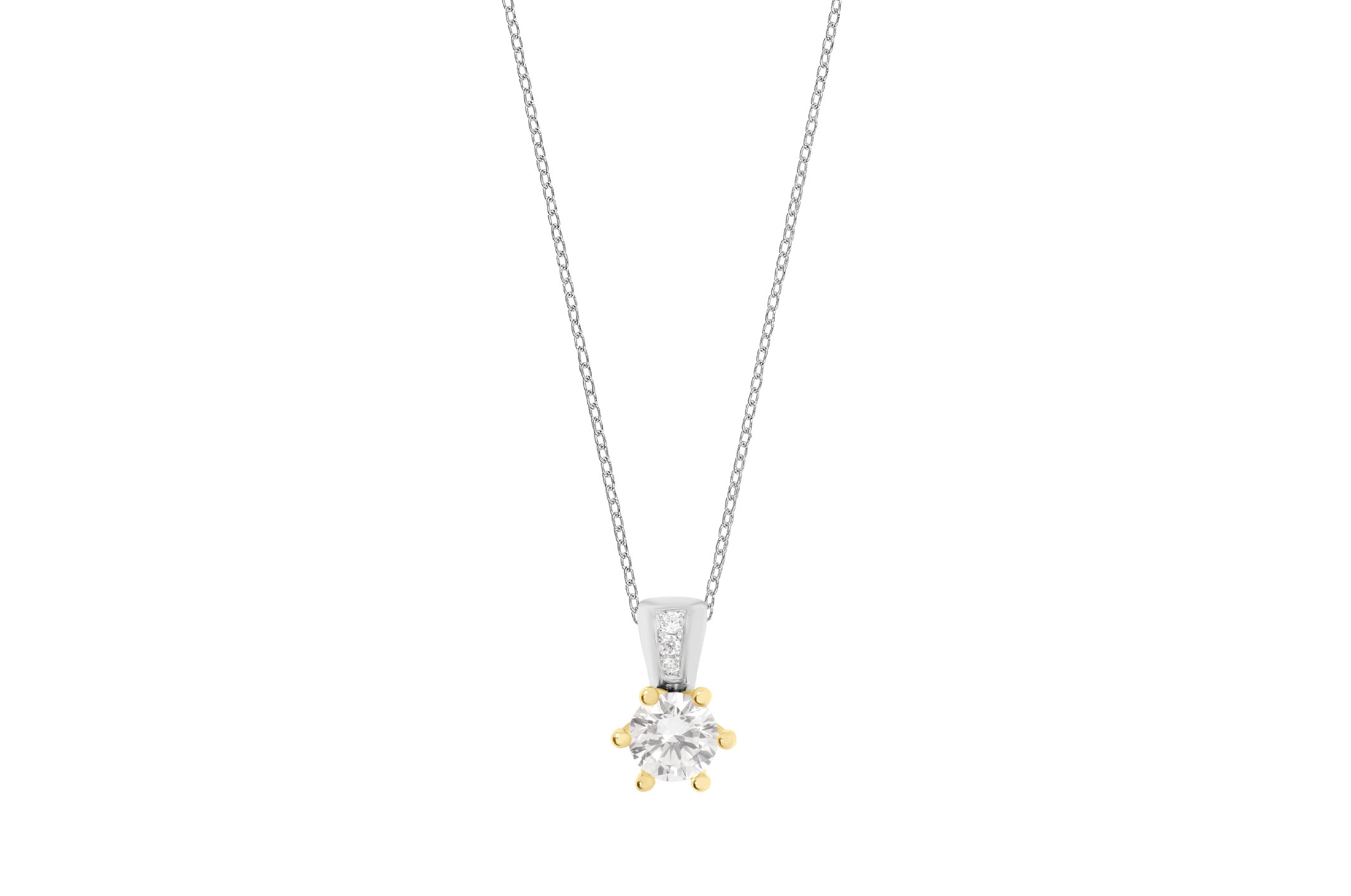 Jewel: necklace;Material: 925 silver and 9K gold;Weight: 4.4 gr (silver) and 1 gr (gold);Color: white and yellow;Size: 38 cm + 5 cm;Pendent size: 0.8 cm