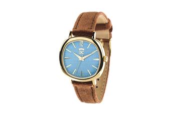 Jewel: watch;Mechanism: analog;Closure: buckle;Material: stainless steel;Strap material: velvet;Case size: 34 mm;Strap size: 15 mm;Case color: silver;Dial color: blue;Strap color: borwn;Gender: woman