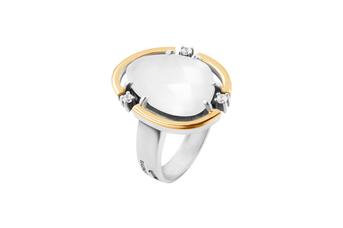 Jewel: ring;Material: 925 silver and 9K gold;Weight: 9.4 gr (silver) and 0.9 gr (gold);Color: white and yellow;Stones: zirconia & moonstone;Top size: 2.3 cm x 1.9 cm