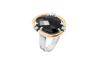 Jewel: ring;Material: 925 silver and 9K gold;Weight: 9.4 gr (silver) and 0.9 gr (gold);Color: white and yellow;Stones: zirconia & onyx;Top size: 2.3 cm x 1.9 cm